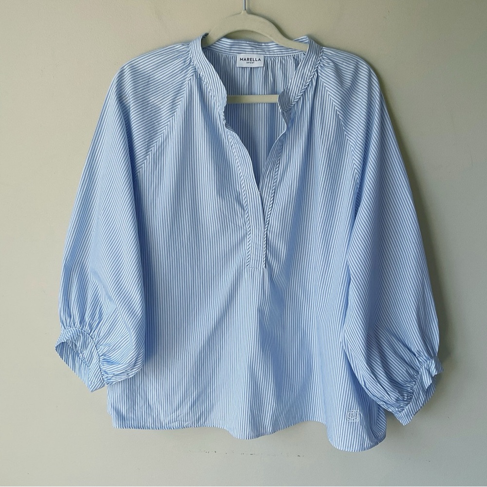 Marella Sport Max Mara Blue & White Stripe Cotton Blouse Size 12 - Picture 3 of 8